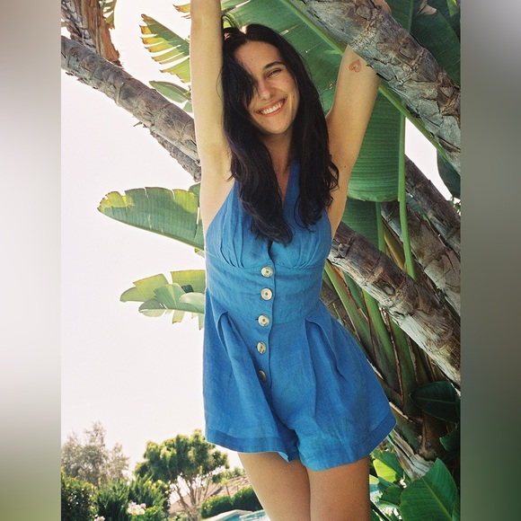 Free People Soleil Romper Blue Linen - Picture 2 of 12
